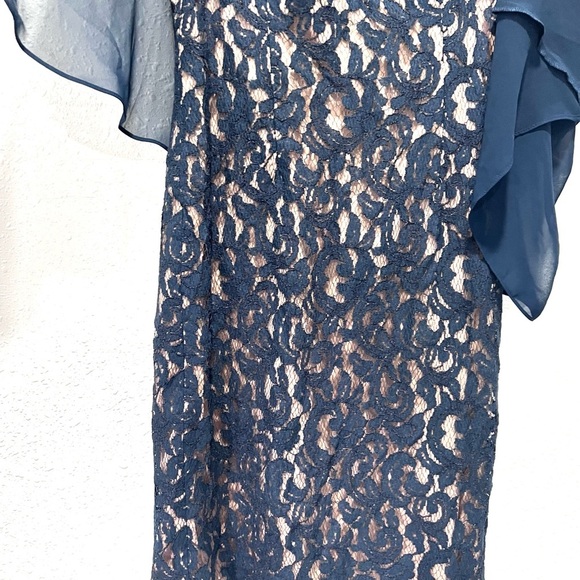 Adrianna Papell navy blue asymetrical overlay draped Dress 12 - Picture 10 of 12